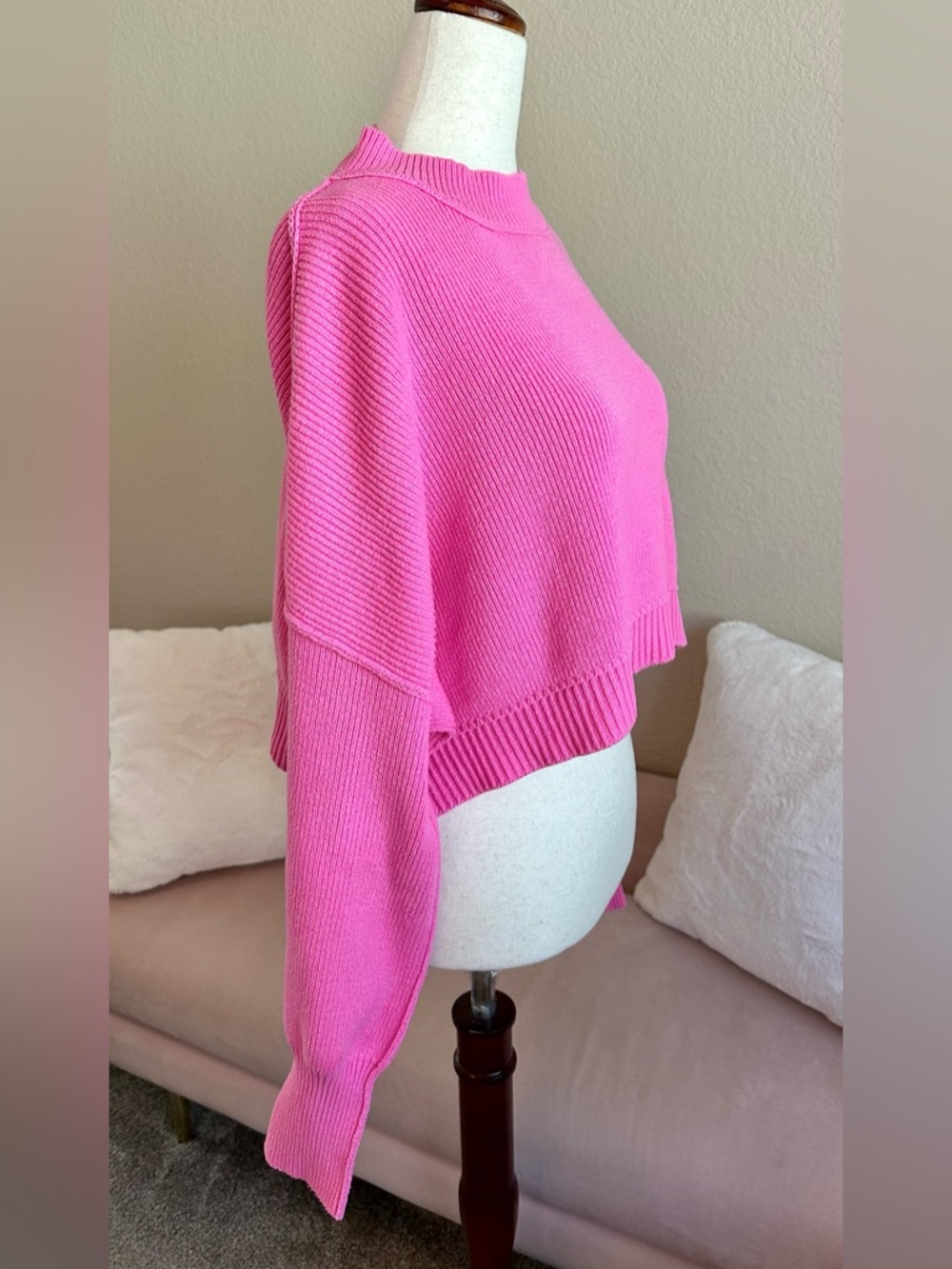 Free People Cropped Crewneck Sweater in Bright Pink